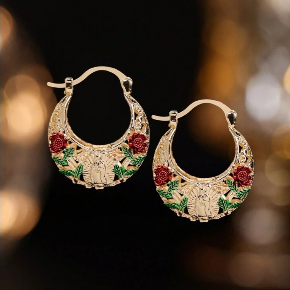Elegant Gold and Red Floral Hoop Earrings